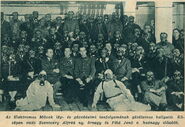 Air and gas raid students of the Elektromos Művek (electrical works) in gas mask. In the middle knight retired Maj. Alfréd Szentvári and regiment Lt. Jenő Föld lecturers. (Note the KG 1928 rebreather in the first line)