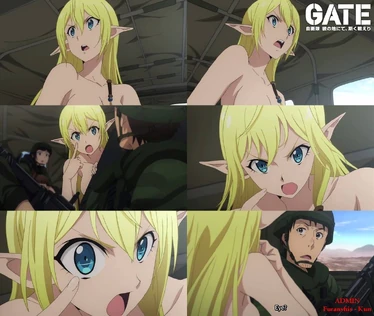 Pointing at her eye the naked young Elf suggests an aiming point.