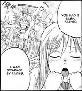 Tuka swarmed by fairies after the news of their defeating the Flame Dragon reached Rondel Manga chapter 62 page 8