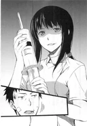 Kurokawa scares Itami with a gigantic syringe.