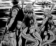 Three aquatic humanoids along with a JSDF serviceman.