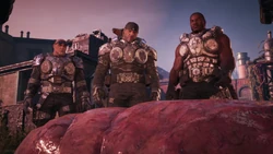 Marcus, Cole and Baird admitting they missed the Locust as they investigate the pod.