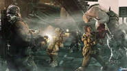 Clayton Carmine disparando la Mulcher en una imagen promocional de Gears of War 3.