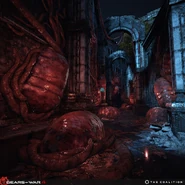 Dozens of Swarm pods embedded in walls and floors through the alleyway of the ruins.