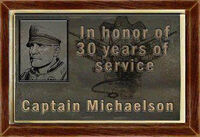 A plaque commemorating Michaelson's 30 years of service.