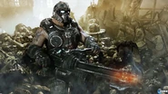 Clayton Carmine sosteniendo una Mulcher sobrecalentada en una imagen publicitaria de Gears of War 3. Nótese la pila de cadáveres en la parte posterior.