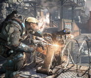 Damon Baird reparando una barrera con un Soplete.