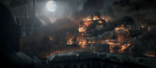 The Tyran city of Halvo Bay burning during the Locust War.