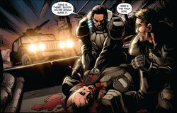 Maxon bleeding out after getting shot in the throat.