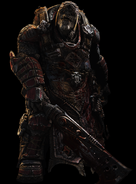 Butcher wearing a apron overlay of his armor.