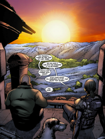 Bernie and Hoffman watch the sunset from Anvil Gates walls.