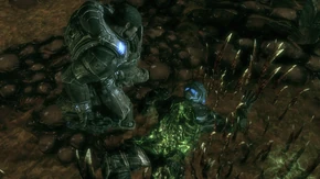 Sgt. Fenix discovering a partially-devoured Pvt. Carmine in the Riftworm's small intestine.