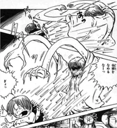 Kitarō firing darts at Neko-Sennin.