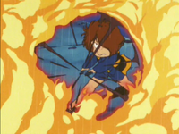 Blocking Takurō-Bi's fire breath.