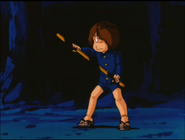 Kitaro using Chanchanko as a combat staff (1985 anime)