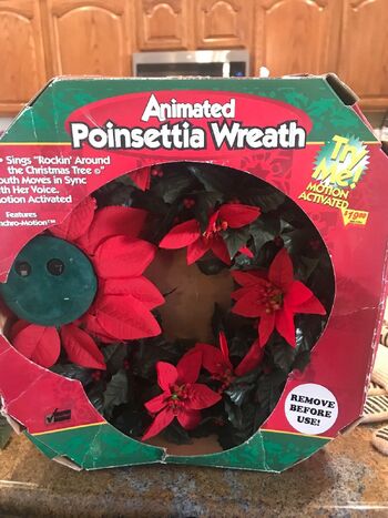 Animated Poinsettia Wreath Singing Musical Motion Sensor Lighted Eyes Christmas