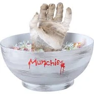 Hand Candy Bowl-Mummy Hand In Candy Bowl With “Munchies” Text