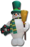 8ft Snowman in green w/ broom and wreath