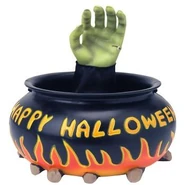 Hand Candy Bowl-Monster Hand In Cauldron With “HAPPY HALLOWEEN” Text, Fire, And Wood