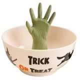 Hand Candy Bowl-Witch Hand In Candy Bowl With “TRICK OR TREAT” Text And Witch Related Pictures