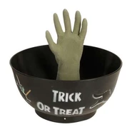 Hand Candy Bowl-Witch Hand In Candy Bowl With “Trick Or Treat” Text And Witch Related Pictures