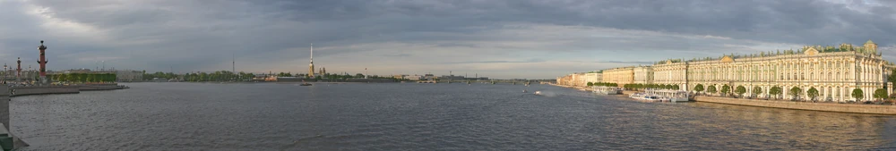 The River Neva flows through much of the centre of the city. Left – the Spit of Vasilievsky Island, center – River Neva, Peter and Paul Fortress and Trinity Bridge, right – Palace Embankment with the Winter Palace