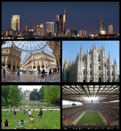 From top, clockwise: Porta Nuova Business District, Milan Cathedral, San Siro Stadium, Parco Sempione with the Arch of Peace in the background, Galleria Vittorio Emanuele II