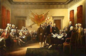 depicts the five-man committee presenting the draft of the Declaration of Independence to Congress.