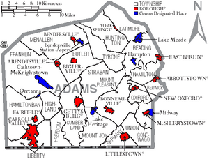 Map of Adams County Pennsylvania With Municipal and Township Labels