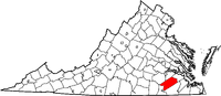 Map of Virginia highlighting Sussex County