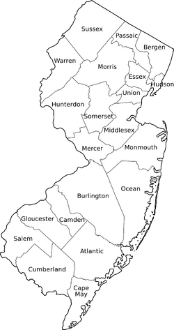 The shape of New Jersey divided by black lines into the different counties. Larger counties are in the center and northwest, with smaller counties in the northeast; see the list for details.