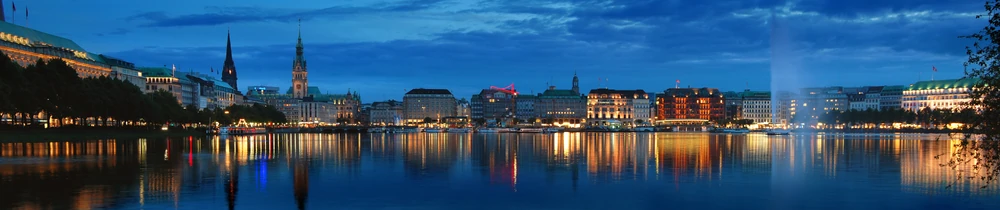A panoramic view of the Hamburg Skyline of the Binnenalster taken from Lombardsbrücke.