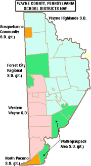 Map of Wayne County's school districts, colored in dark green, light green, orange, and red, and labeled by district