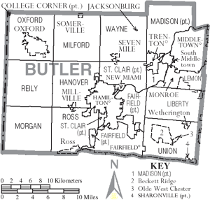 Map of Butler County, Ohio with municipal and township labels