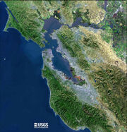 A satellite image of the Bay Area, depicting features visible from space.