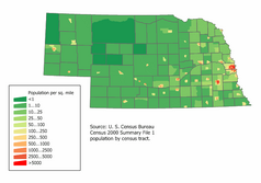 Map of state: mostly one to twenty-five people per square mile, with density increasing as one moves eastward