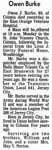 Owen Joseph Burke (1915-1984) obituary in the Newark Star-Ledger on Saturday, May 5, 1984