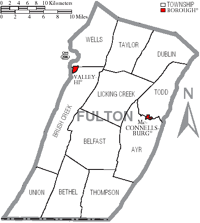 Map of Fulton County, Pennsylvania with Municipal Labels showing Boroughs (red) and Townships (white).