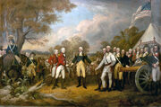 A painting of British general John Burgoyne and his men surrendering at Saratoga, 1777.