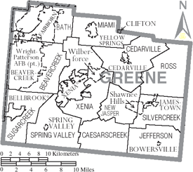 Map of Greene County, Ohio with municipal and township labels