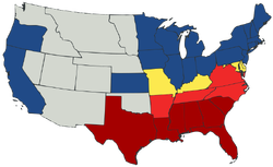 Map of U.S. showing two kinds of Union states, two phases of secession and territories.