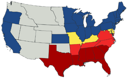 Map of U.S. showing two kinds of Union states, two phases of secession and territories.