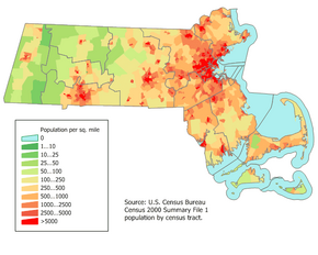 Massachusetts population density map. The centers of high-density settlement, from east to west, are Boston, Worcester, Springfield, and , respectively.