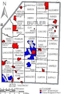 Map of Butler County Pennsylvania With Municipal and Township Labels