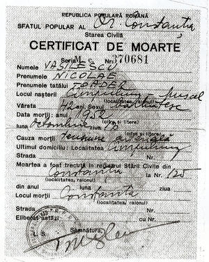 Niculae Vasilescu Certificat Deces