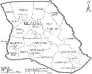 Map of Bladen County North Carolina With Municipal and Township Labels