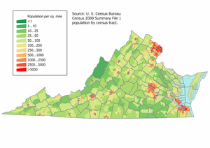 A map of Virginia with areas colored in green for low population changing to red for areas of high population. The most red areas are in the very north of the state, the center of the state, and the very south-east of the state. The rest is mostly green.