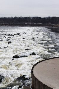 Dam No. 27 is a low water rock dam that creates a pool for the Chain of Rocks canal and its Lock No. 27 which take traffic around exposed bedrock north of St. Louis.