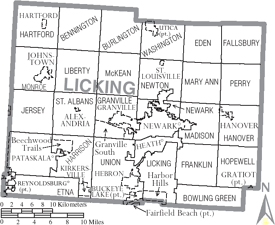 Map of Licking County, Ohio with Municipal and Township Labels