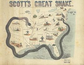 A cartoon map of the South surrounded by a snake.